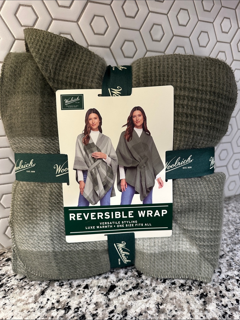 Woolrich Reversible Wrap in Olive Green and Light Gray